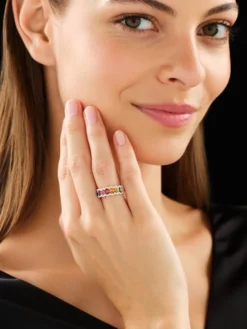 Pierścionek z żółtego złota  z brylantami  i szafirami kolorowymi - próba 585