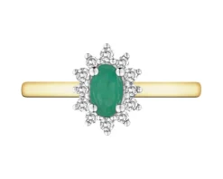 Pierścionek z żółtego złota z brylantami i szmaragdem - próba 585