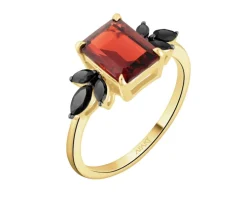 Pierścionek z żółtego złota z czarnymi diamentami i granatem - próba 585