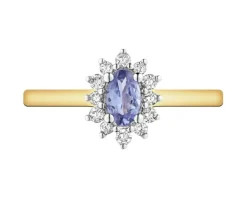 Pierścionek z żółtego złota z brylantami i tanzanitem - próba 585