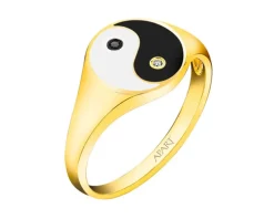 Pierścionek z żółtego złota z diamentami i emalią - sygnet - yin yang - 0,01 ct - próba 375