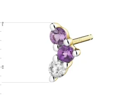 Pojedynczy kolczyk z żółtego złota z diamentem i ametystami - próba 375