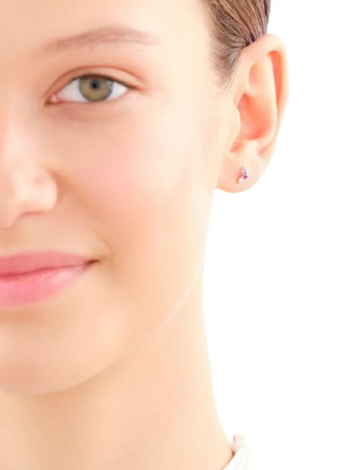 Pojedynczy kolczyk z żółtego złota z diamentem i ametystami - próba 375