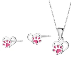 Srebrne kolczyki i zawieszka z emalią - komplet - serca, łapki