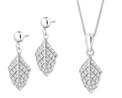 Srebrne kolczyki i zawieszka z cyrkoniami, łańcuszek - komplet - liście