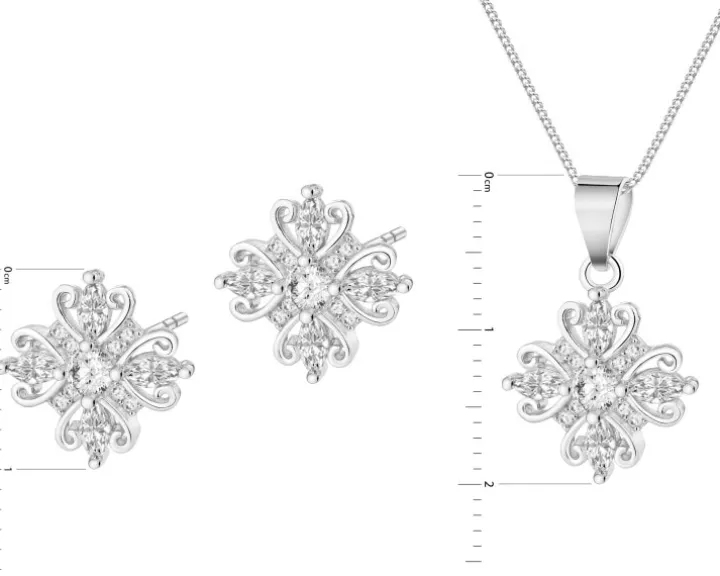 Srebrne kolczyki i zawieszka z cyrkoniami, łańcuszek - komplet