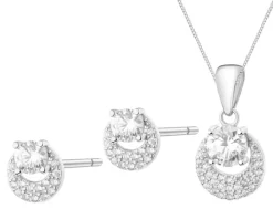 Srebrne kolczyki i zawieszka z cyrkoniami, łańcuszek - komplet