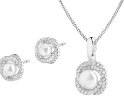 Srebrne kolczyki i zawieszka z perłami i cyrkoniami, łańcuszek - komplet