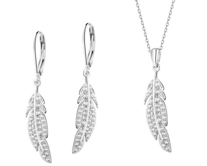 Srebrne kolczyki i zawieszka z cyrkoniami - komplet - piórka