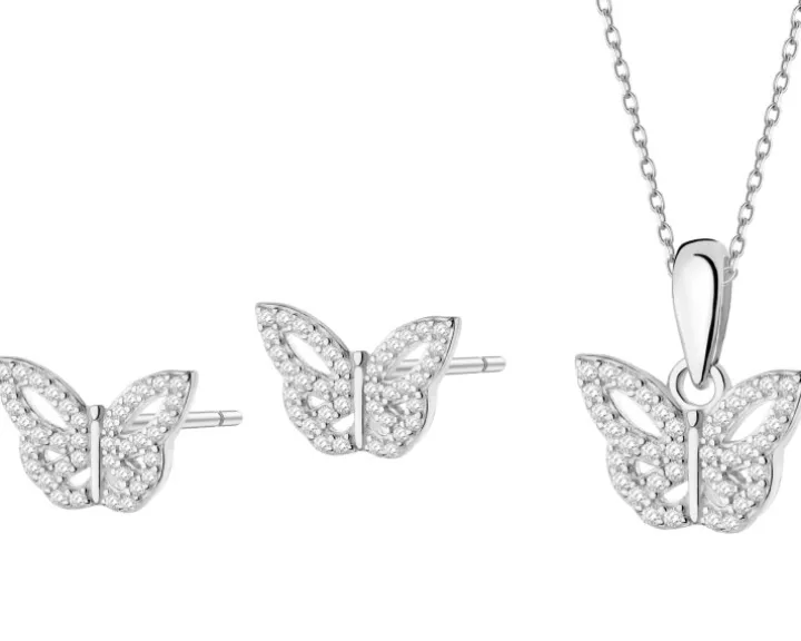 Srebrne kolczyki i zawieszka z cyrkoniami - komplet - motyle