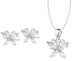 Srebrne kolczyki i zawieszka z cyrkoniami, łańcuszek - komplet - motyle