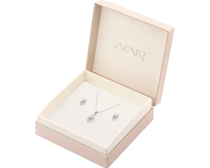 Srebrne kolczyki i zawieszka z cyrkoniami, łańcuszek - komplet