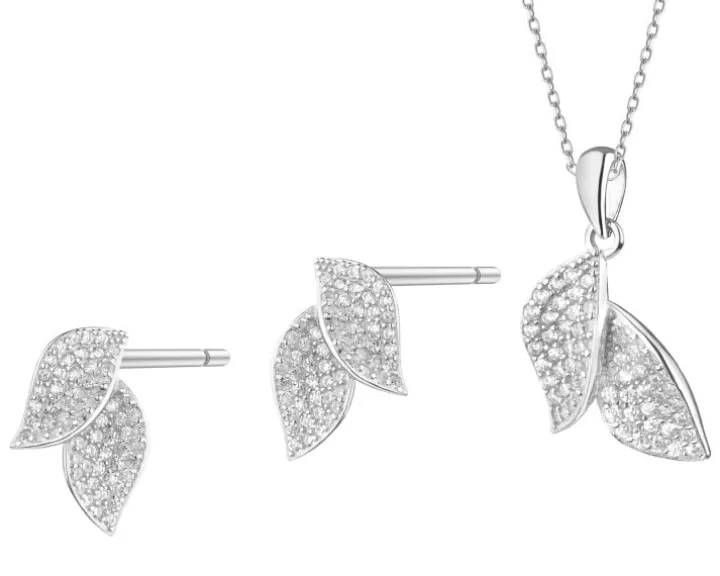 Srebrne kolczyki i zawieszka z cyrkoniami - komplet - liście