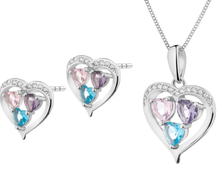 Srebrne kolczyki i zawieszka z cyrkoniami - komplet - serca