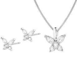 Srebrne kolczyki i zawieszka z cyrkoniami, łańcuszek - komplet - motyle