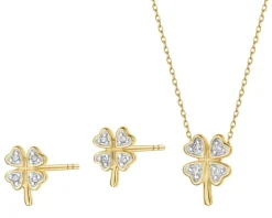 Zawieszka i kolczyki z żółtego złota z diamentami  - komplet - koniczyny - 0,03 ct - próba 375