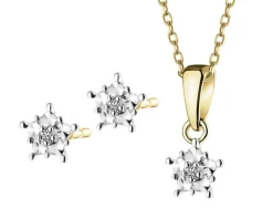 Zawieszka i kolczyki z żółtego i białego złota z diamentami - komplet - 0,01 ct - próba 375