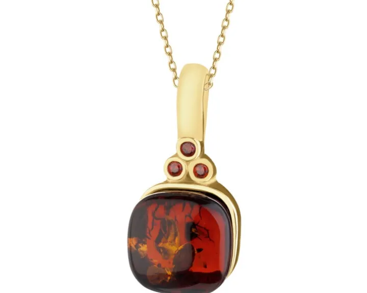 Zawieszka srebrna z bursztynem i granatem syntetycznym