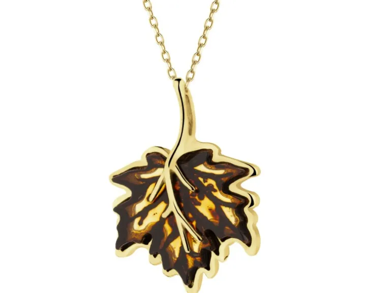 Zawieszka srebrna z bursztynem - liść