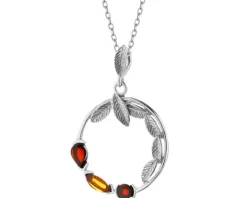 Zawieszka srebrna z bursztynem - liście, koło