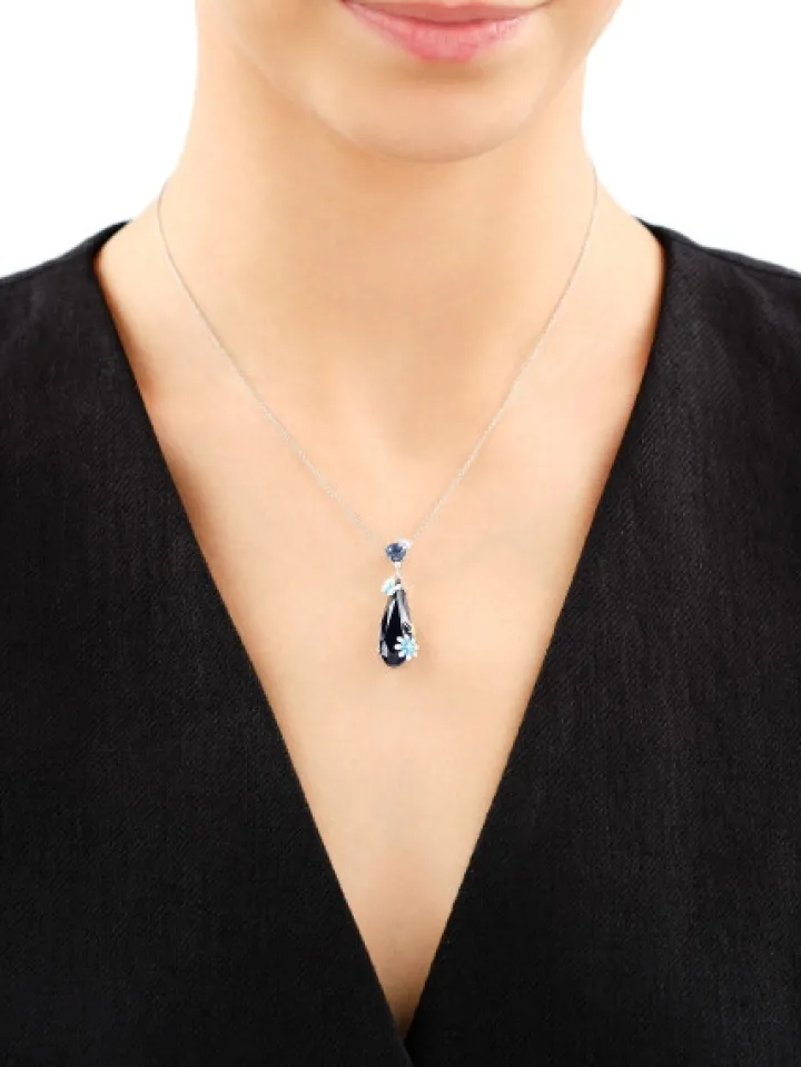 Zawieszka srebrna z cyrkoniami, szlifowanym szkłem i emalią - motyl, kwiaty