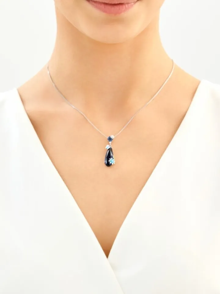 Zawieszka srebrna z cyrkoniami, szlifowanym szkłem i emalią - motyl, kwiaty