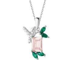 Zawieszka srebrna z cyrkoniami - liście, koliber