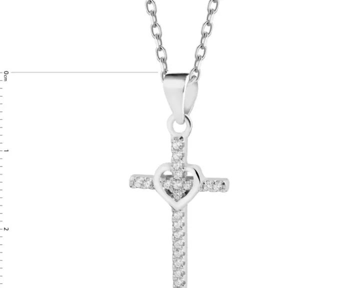 Zawieszka srebrna z cyrkoniami - krzyż, serce