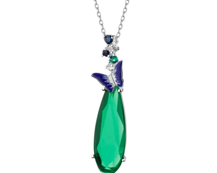 Zawieszka srebrna z cyrkoniami, szlifowanym szkłem i emalią - motyl