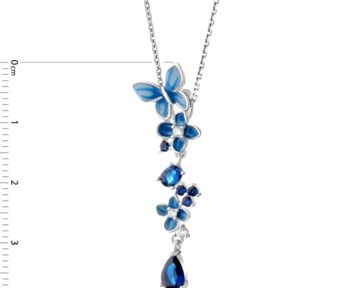 Zawieszka srebrna z cyrkoniami i emalią - motyl, kwiaty