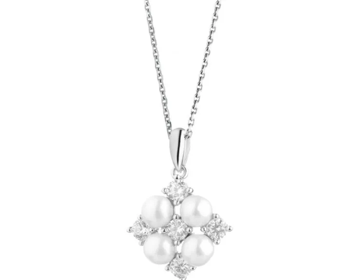 Zawieszka srebrna z perłami i cyrkoniami - kwadrat, rozeta