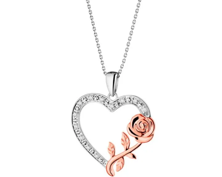 Zawieszka z białego i różowego złota z diamentami - serce, róża - 0,05 ct - próba 375