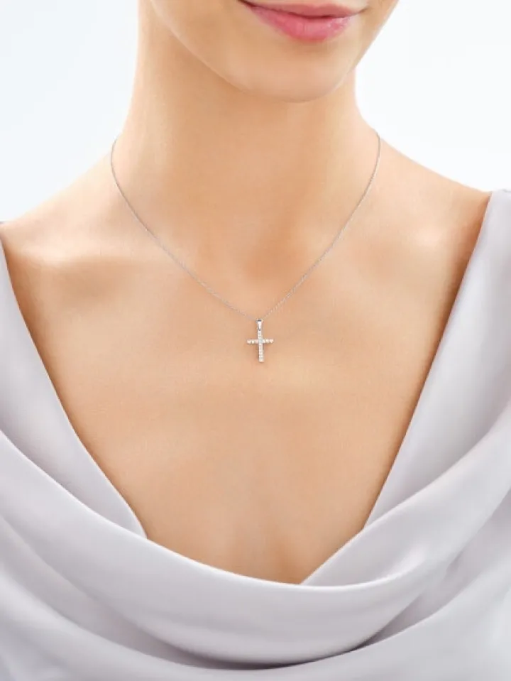 Zawieszka z białego złota z brylantami laboratoryjnymi - krzyż - 0,22 ct - próba 585