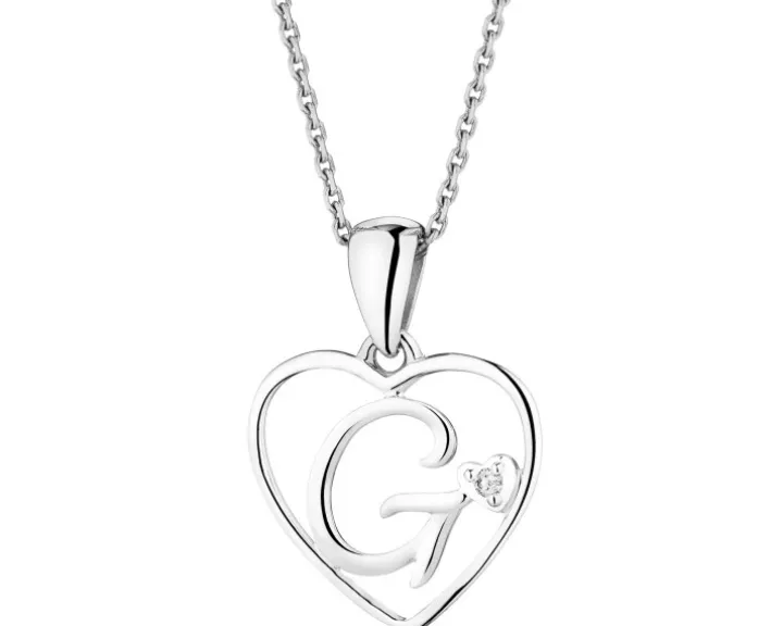 Zawieszka z białego złota z diamentem - litera G, serce - 0,005 ct - próba 585