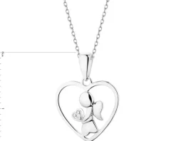 Zawieszka z białego złota z diamentem - serce, aniołek - 0,003 ct - próba 375