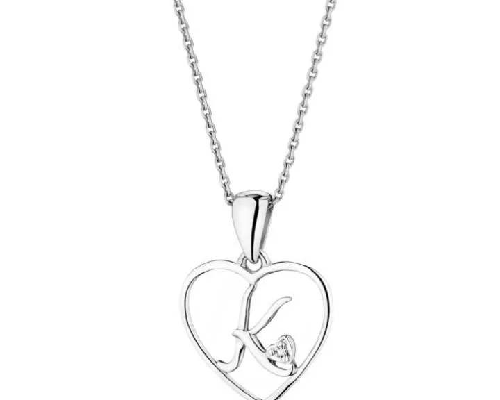Zawieszka z białego złota z diamentem - litera K, serce - 0,005 ct - próba 585