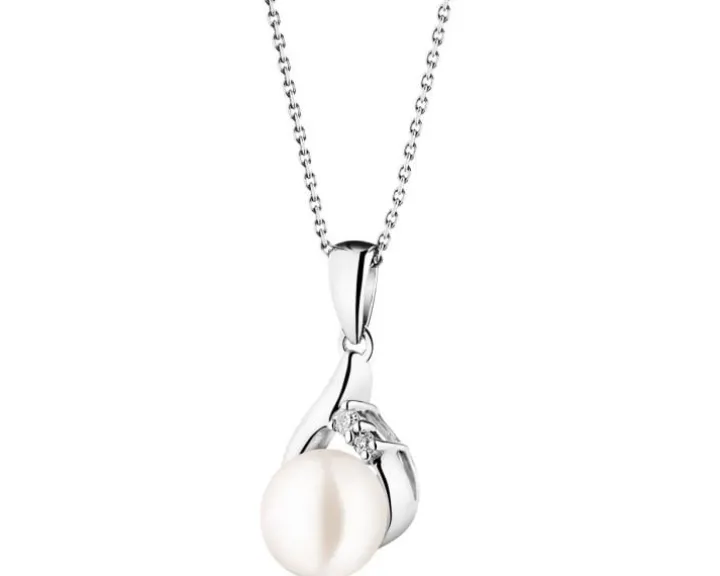Zawieszka z białego złota z diamentami i perłą - próba 585