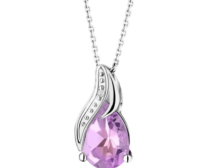Zawieszka z białego złota z diamentem i ametystem - próba 375