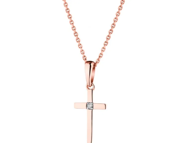 Zawieszka z różowego złota z brylantem - krzyż - 0,006 ct - próba 585