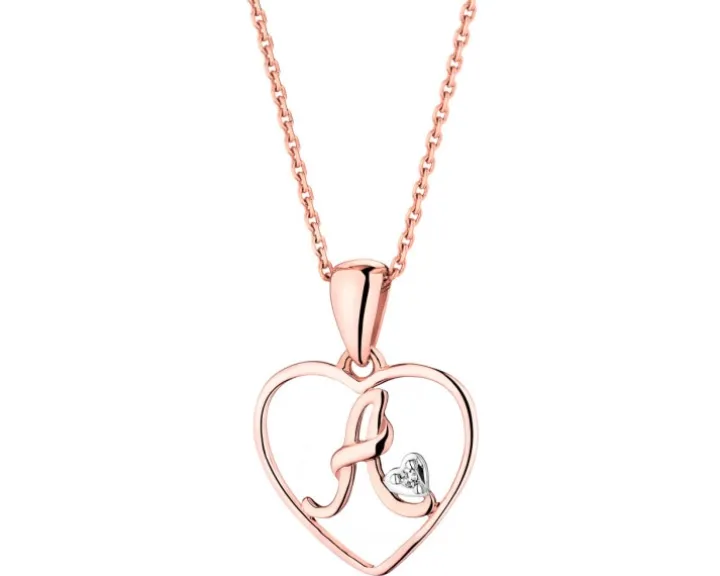 Zawieszka z różowego złota z diamentem - litera A, serce - 0,005 ct - próba 375