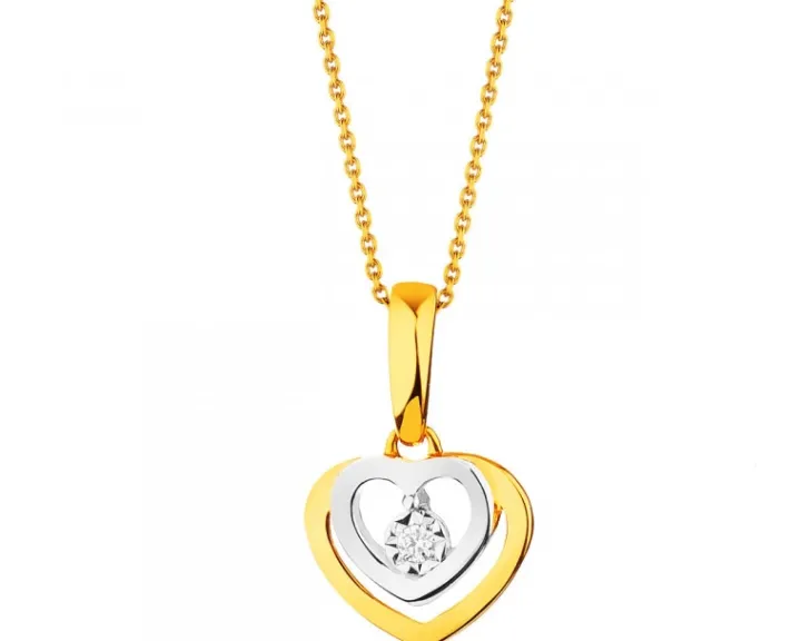 Zawieszka z żółtego i białego złota z brylantem - serce - 0,01 ct - próba 375