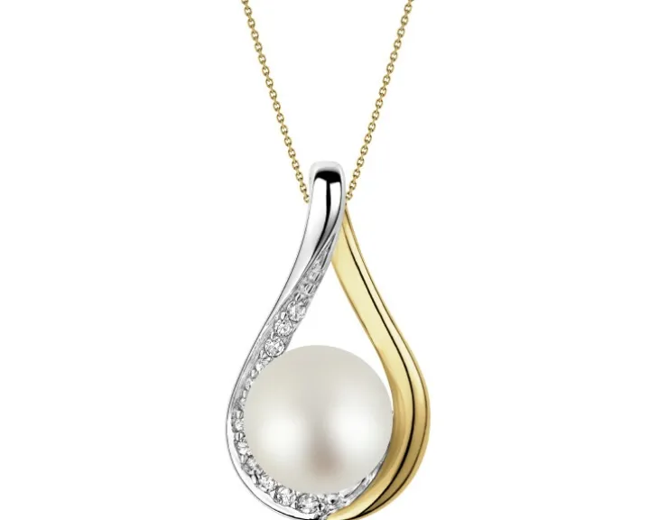Zawieszka z żółtego i białego złota z diamentami i perłą - próba 375