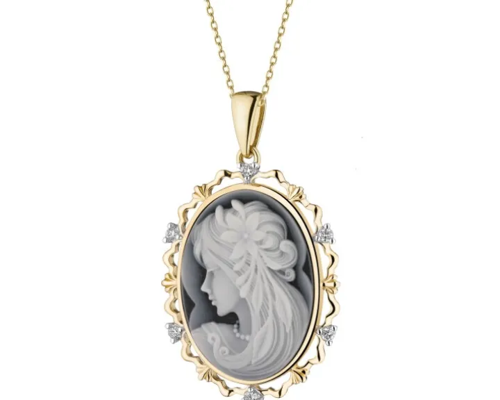 Zawieszka z żółtego złota z brylantami i agatem - kamea - próba 585