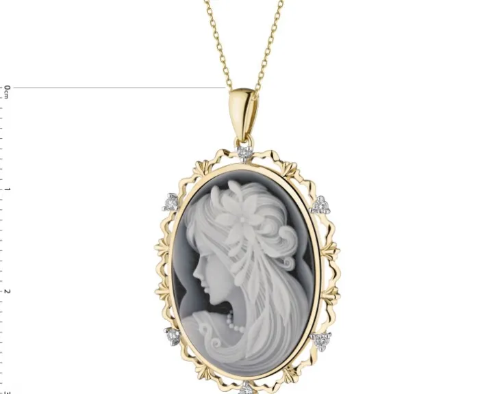 Zawieszka z żółtego złota z brylantami i agatem - kamea - próba 585