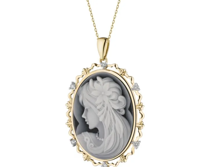 Zawieszka z żółtego złota z brylantami i agatem - kamea - próba 585