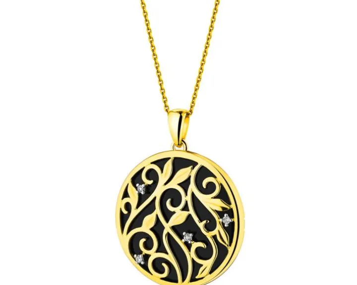 Zawieszka z żółtego złota z brylantami i onyksem - próba 585