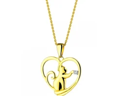 Zawieszka z żółtego złota z brylantem - kot, serce - 0,008 ct - próba 375