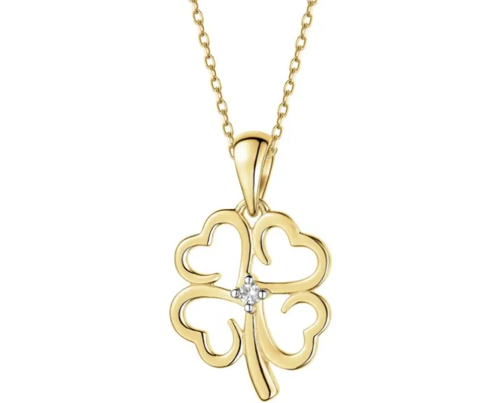 Zawieszka z żółtego złota z brylantem - koniczyna - 0,01 ct - próba 585