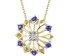 Zawieszka z żółtego złota z brylantem i szafirami syntetycznymi - rozeta - próba 375