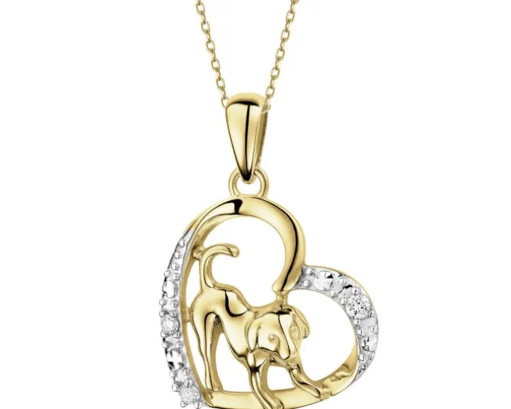 Zawieszka z żółtego złota z brylantami - serce, piesek - 0,03 ct - próba 375